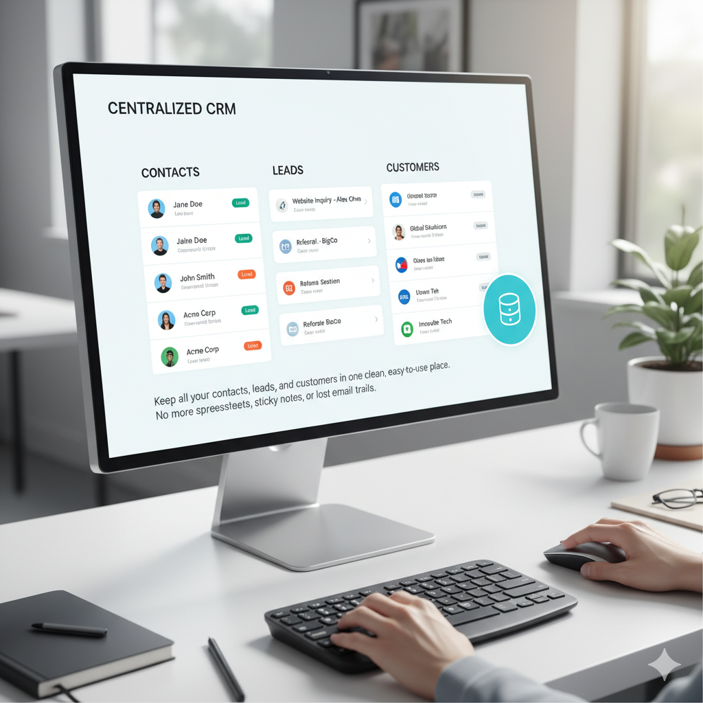 Web Design Image Centralised CRM dashboard showing organised contacts, leads, and customer details