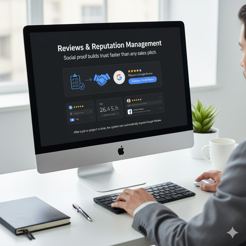 Web Design Image CRM system managing customer reviews and social proof after projects
